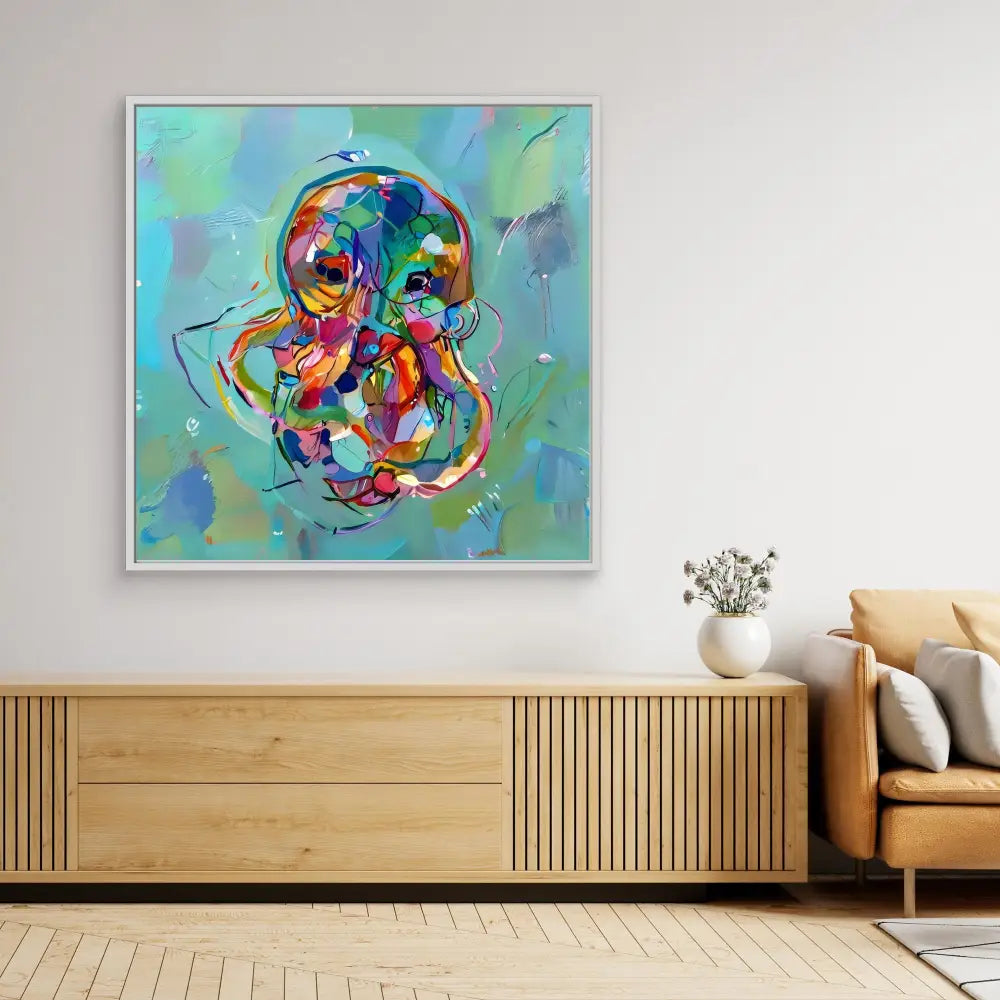 Colorful abstract skull painting with swirling rainbow hues.