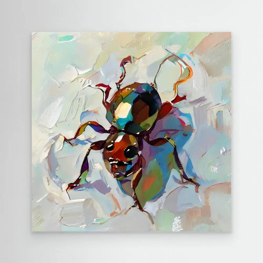 Colorful abstract spider painted with bold brushstrokes and iridescent hues.