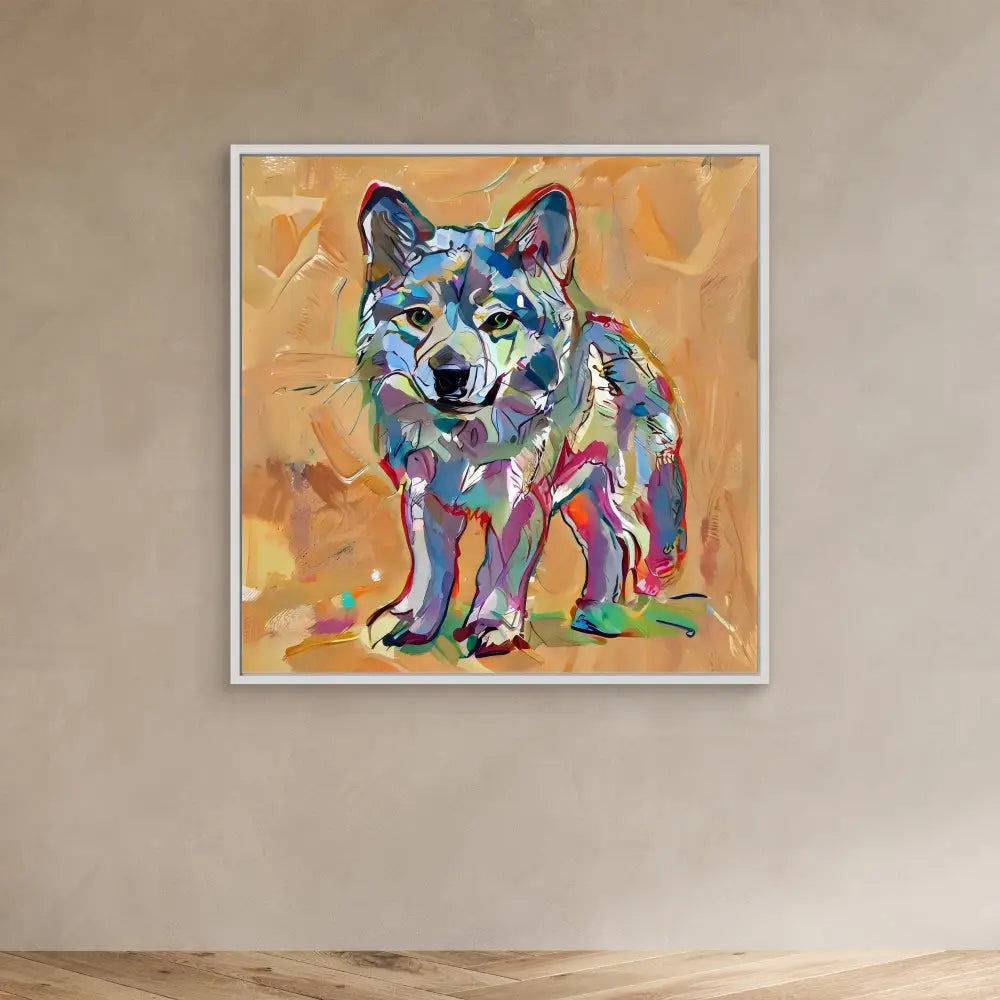 Colorful abstract-style painting of a wolf with vibrant blues, pinks and purples.