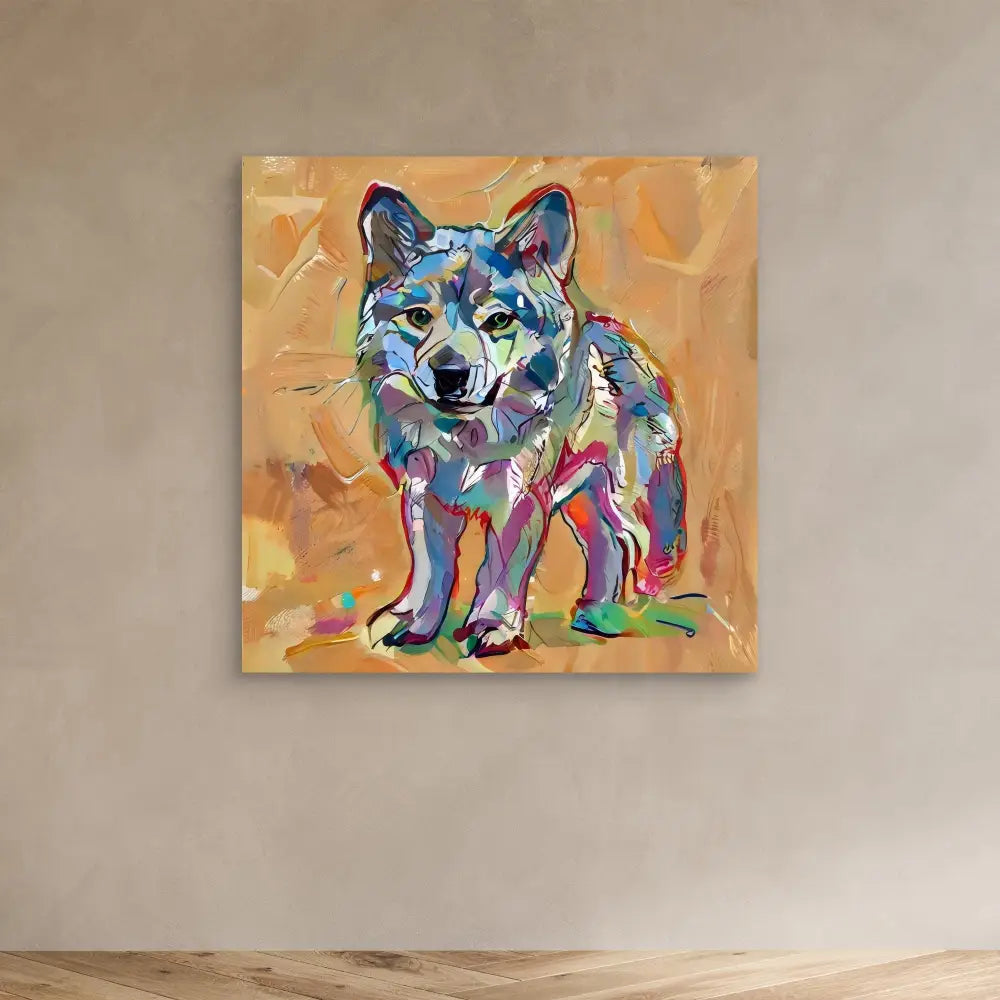 Colorful abstract-style painting of a wolf with vibrant blues, pinks and purples.