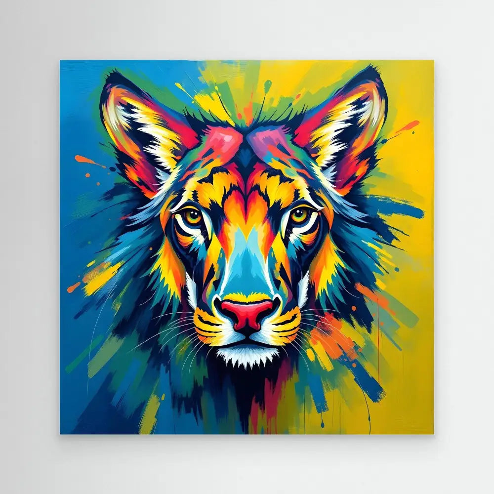 Colorful abstract tiger head painted in vibrant rainbow hues and bold brushstrokes.