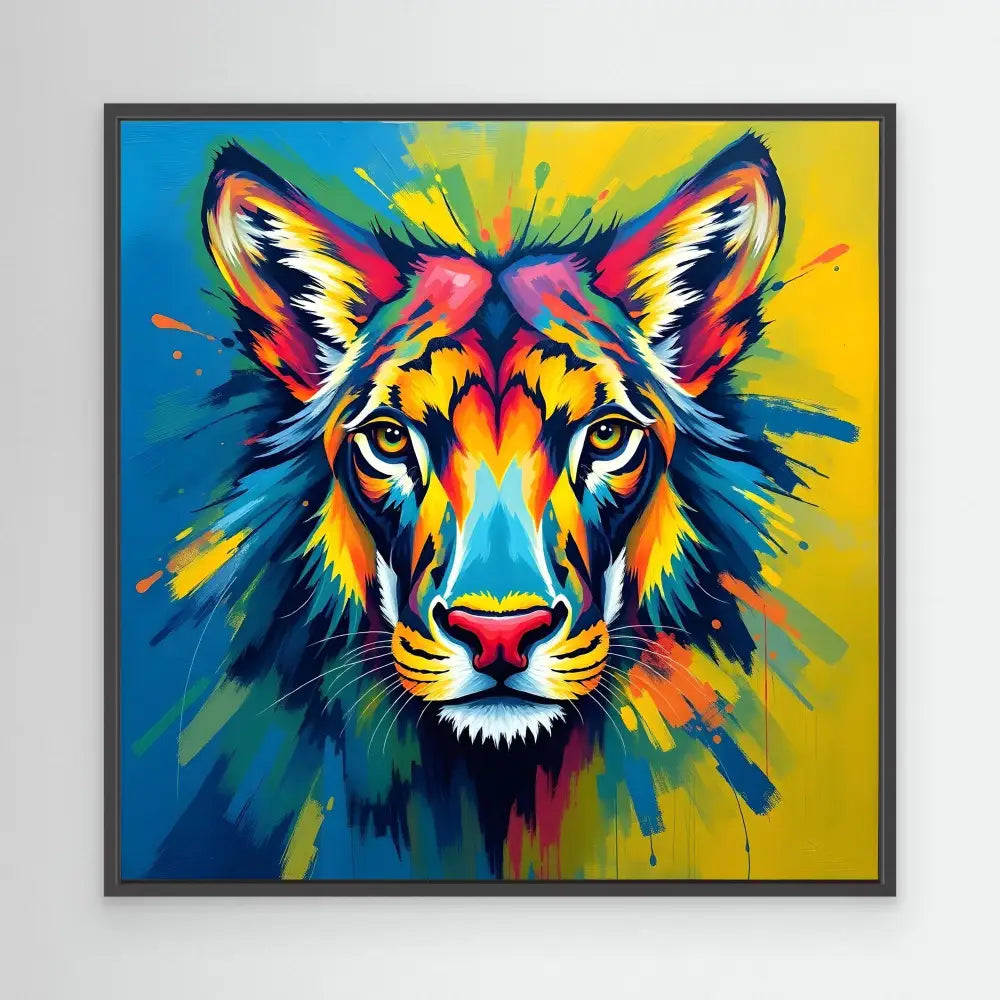 Colorful abstract tiger head painted in vibrant rainbow hues.