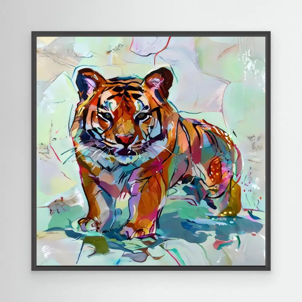 Colorful abstract tiger painting rendered in vibrant brushstrokes and watercolor-style effects.