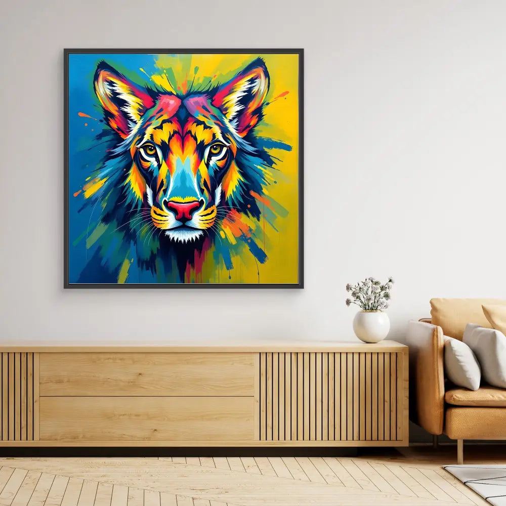 Colorful abstract tiger portrait with vibrant splashes of blue, yellow, and orange paint.