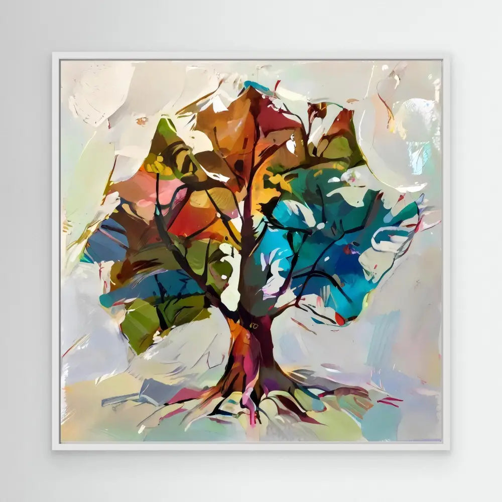 Colorful abstract tree with swirling branches painted in vibrant watercolors.