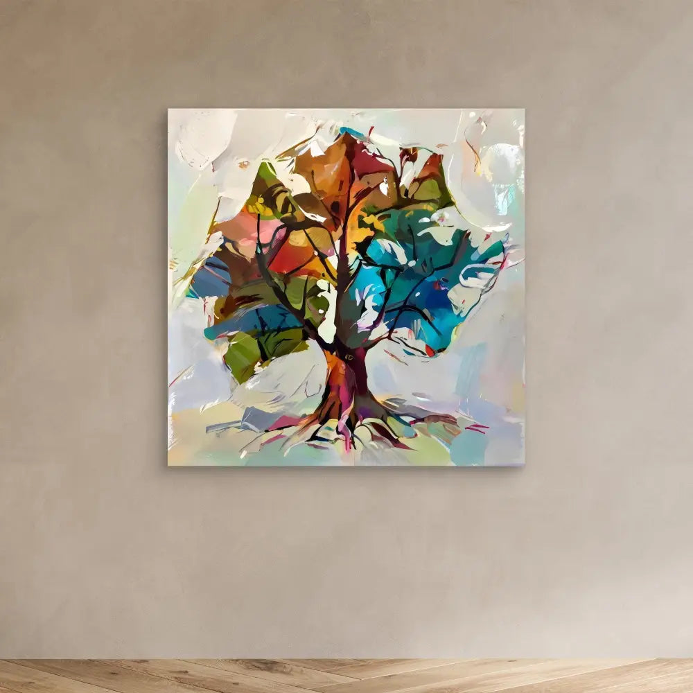 Colorful abstract tree painting with swirling branches in turquoise, orange, and green tones.