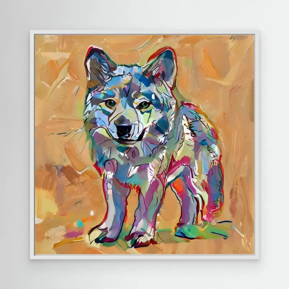 Colorful abstract wolf painted in vibrant blues, purples, and pinks against a warm-toned background.