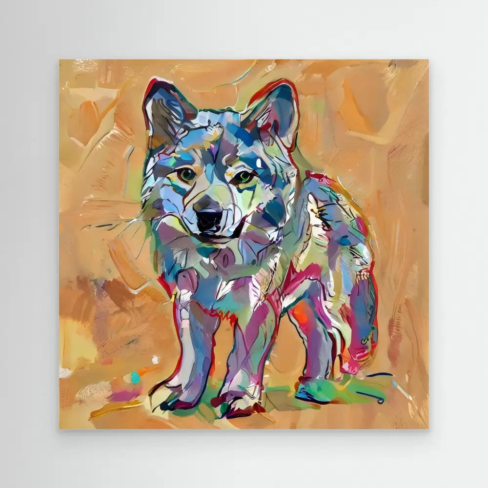 Colorful abstract wolf painted in vibrant blues, purples, and turquoise tones.