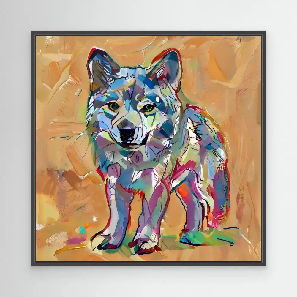 Colorful abstract wolf painted in vibrant blues, purples, and turquoise tones.