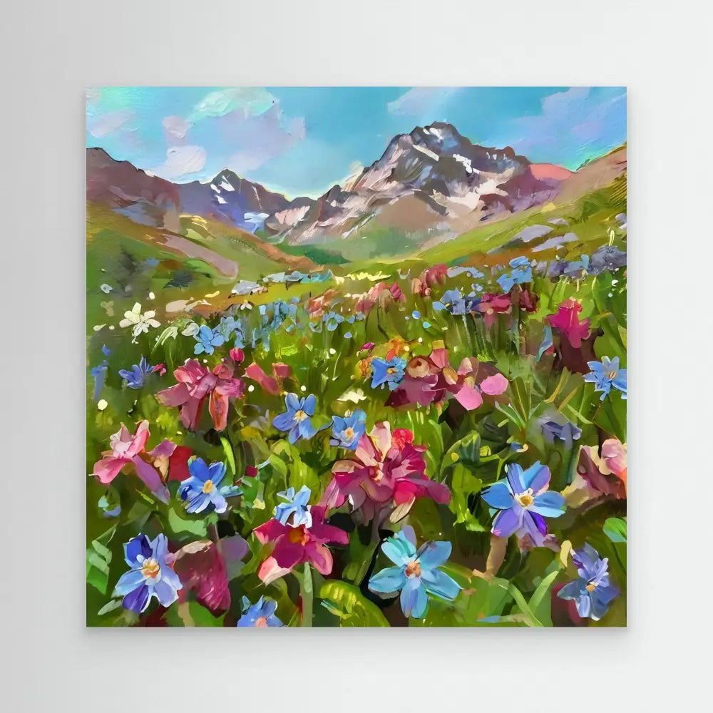 A colorful alpine meadow filled with pink and blue wildflowers beneath snow-capped mountains.