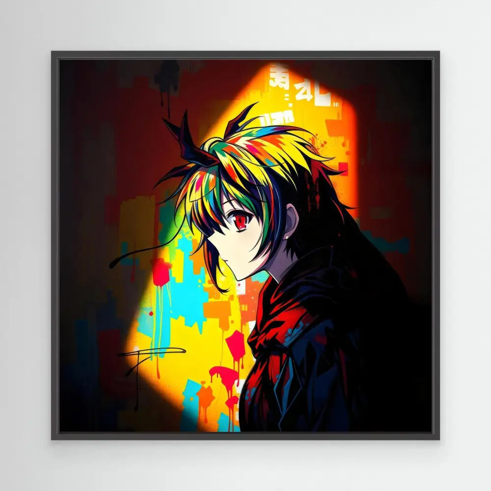 Colorful anime-style character portrait with spiky hair against vibrant splashes of color.