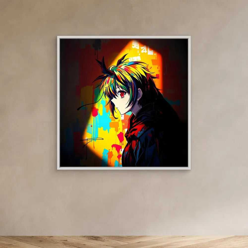 Colorful anime-style portrait featuring a character with spiky dark hair and bright green eyes against a vibrant abstract backdrop.