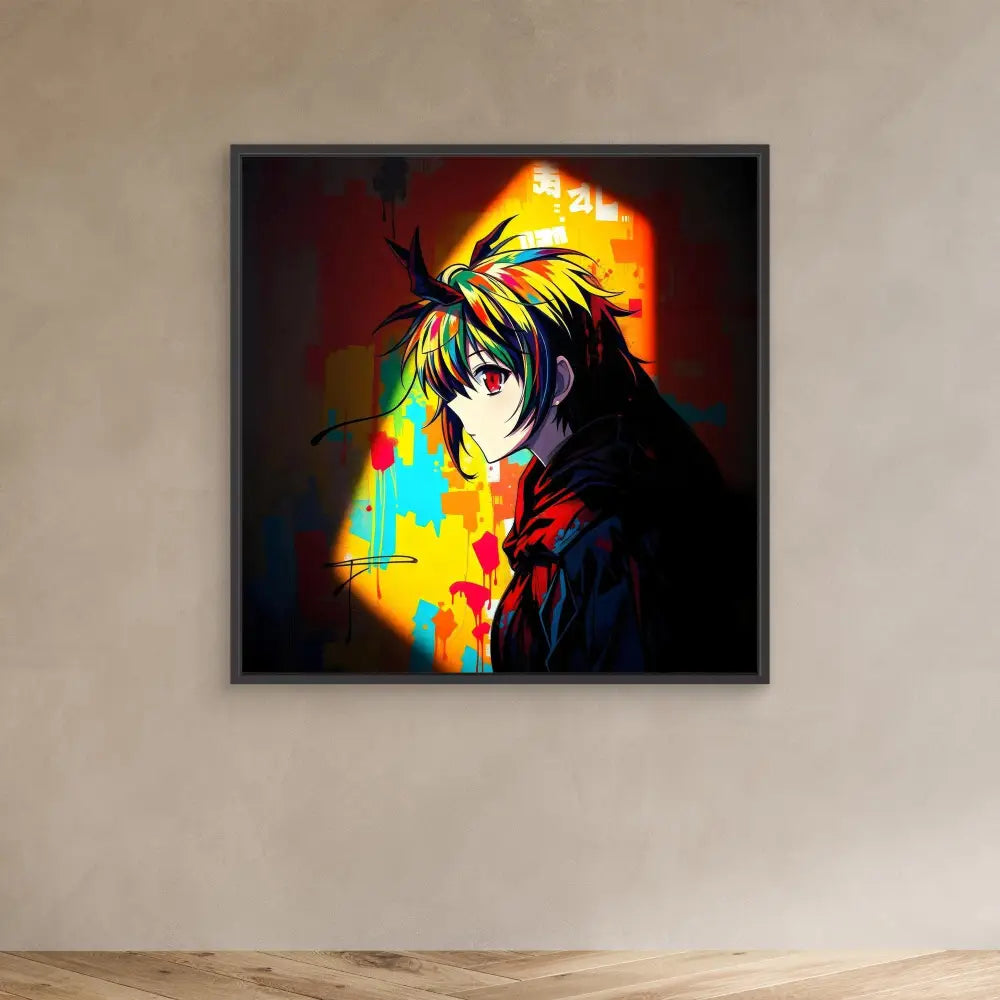 Colorful anime-style portrait with dramatic lighting showing a character with spiky dark hair and bright green eyes.