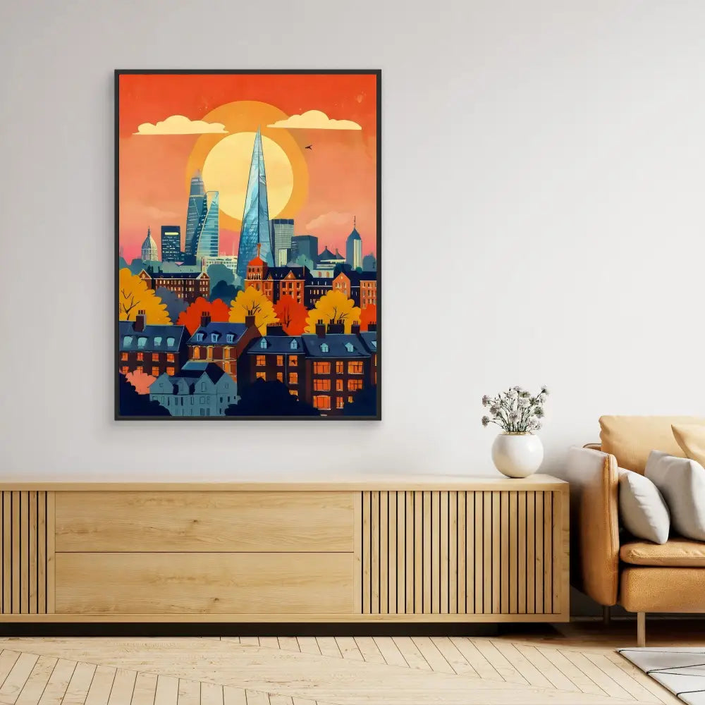 Colorful art print depicting London’s skyline at sunset with The Shard and other skyscrapers rising above traditional buildings.