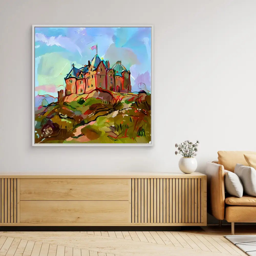 Colorful artistic painting of a hilltop castle with turrets and spires.