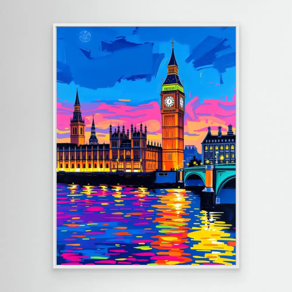 Colorful artistic painting of London’s Big Ben and Parliament at sunset with vibrant reflections in the Thames River.