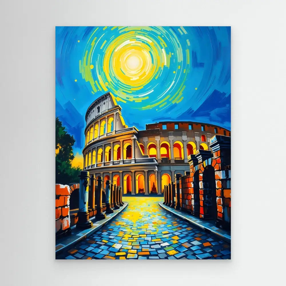 Colorful artistic painting of the Roman Colosseum illuminated at night with a swirling yellow moon above.