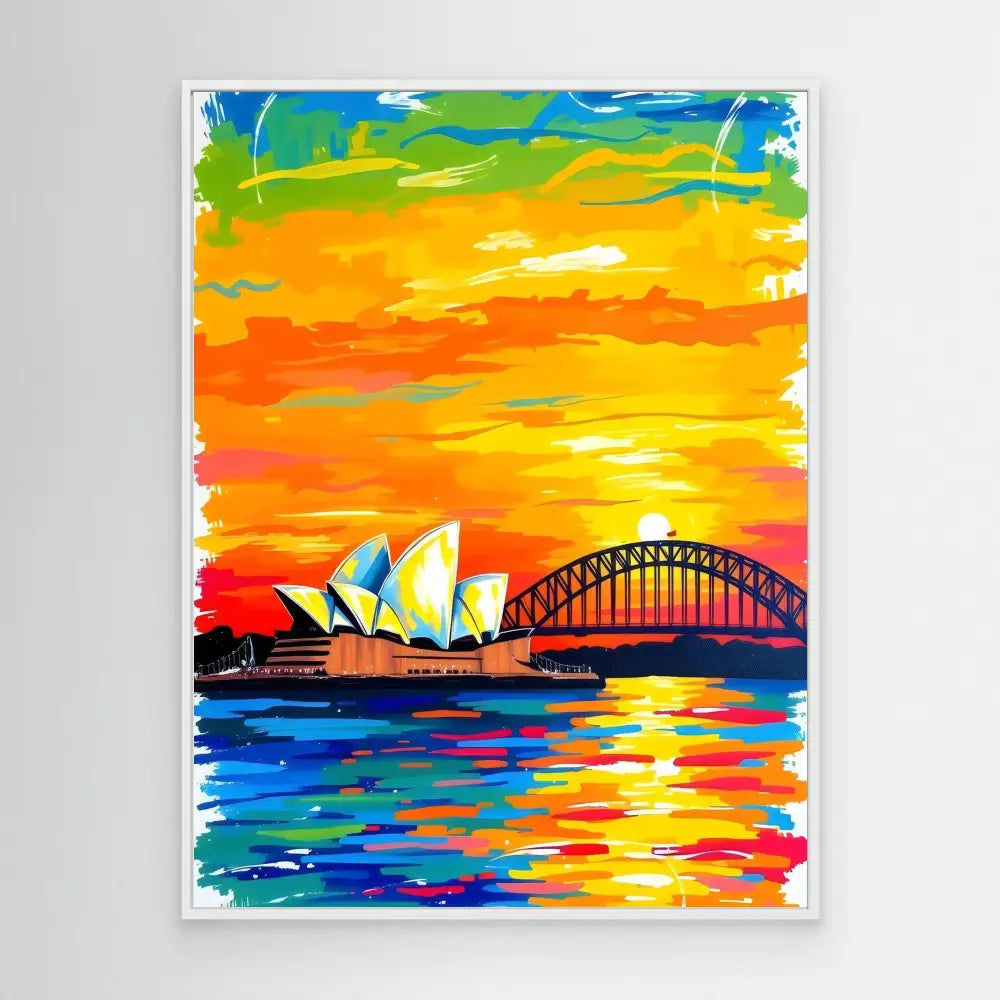 Colorful artistic painting of the Sydney Opera House and Harbour Bridge at sunset.