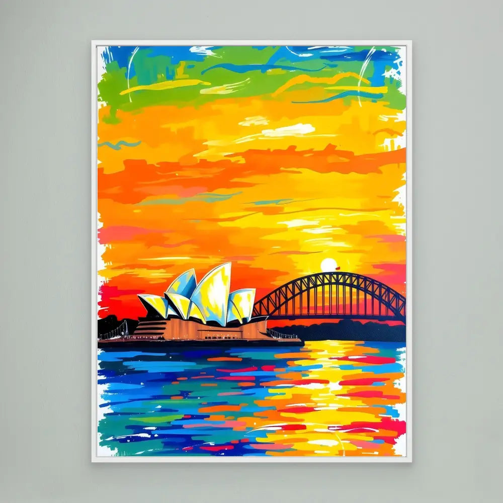 Colorful artistic painting of the Sydney Opera House and Harbour Bridge at sunset.