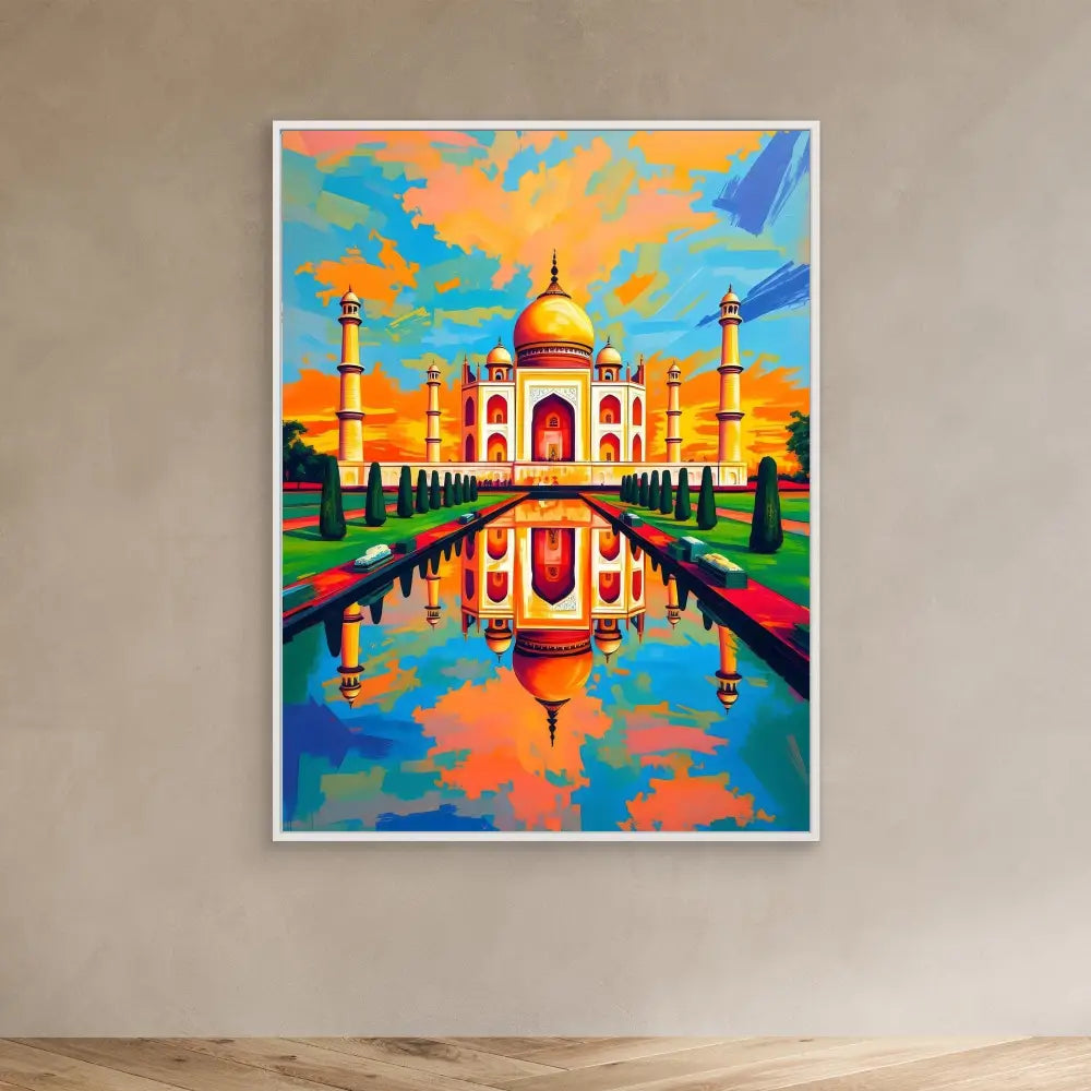 Colorful artistic painting of the Taj Mahal with its reflection in water.