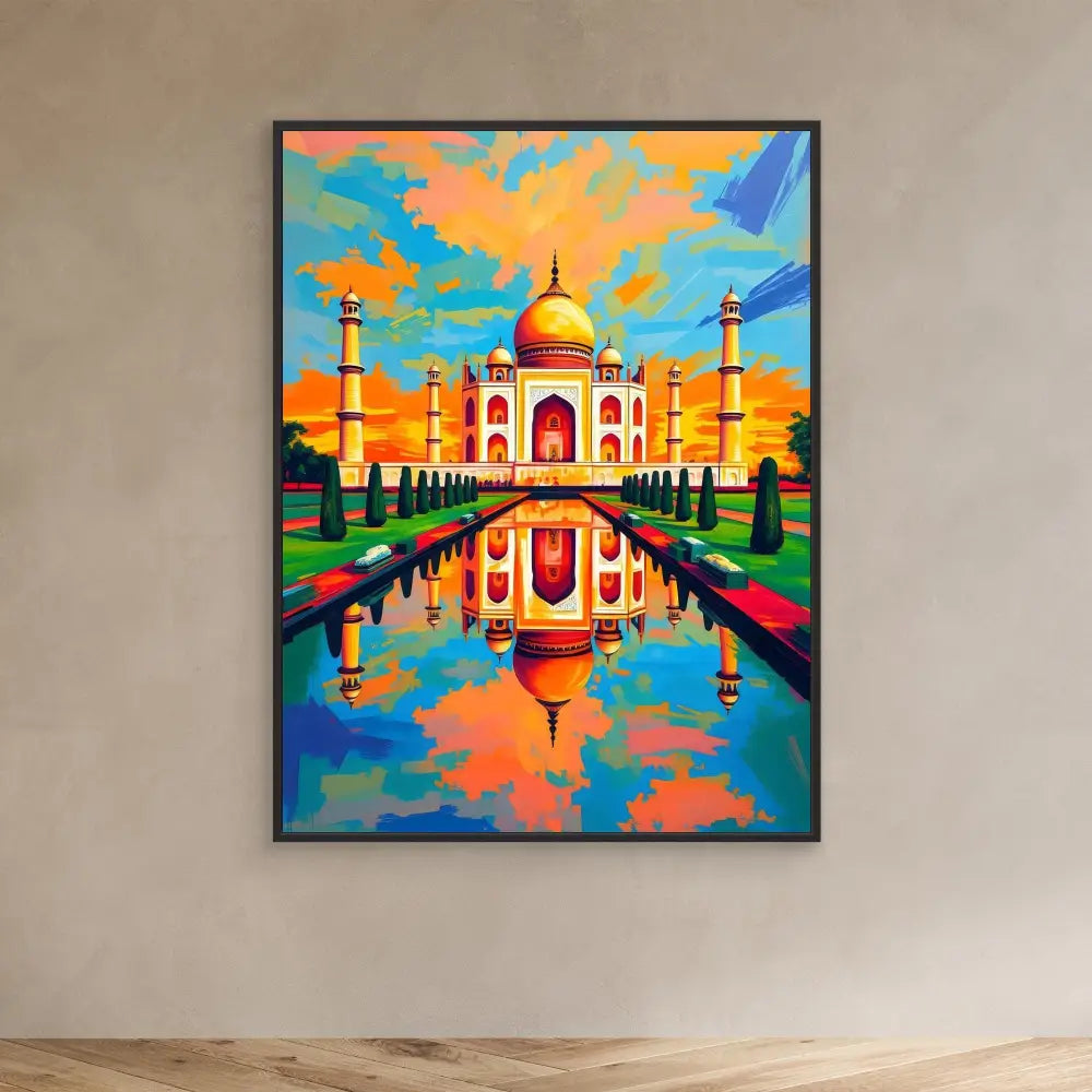 A colorful artistic painting of the Taj Mahal with its reflection in water.