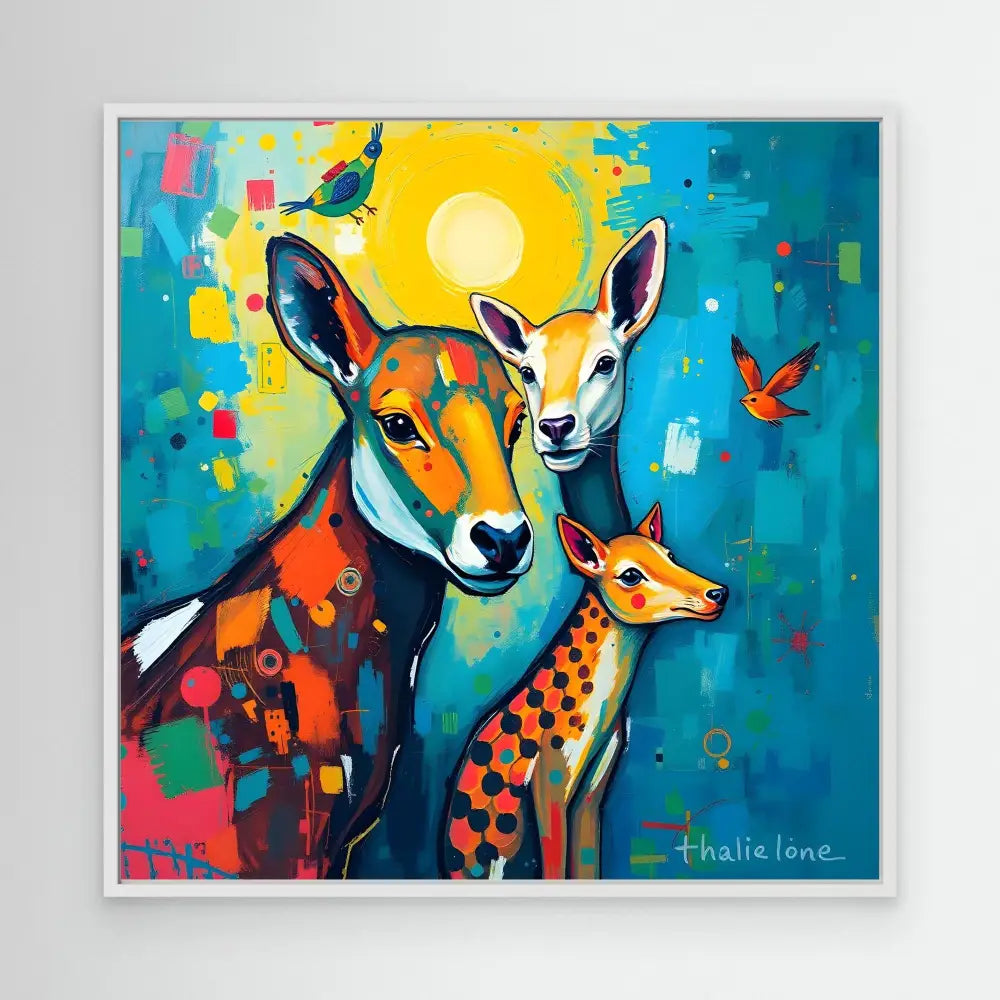 Colorful artistic painting of three deer with butterflies in vibrant orange and turquoise tones.