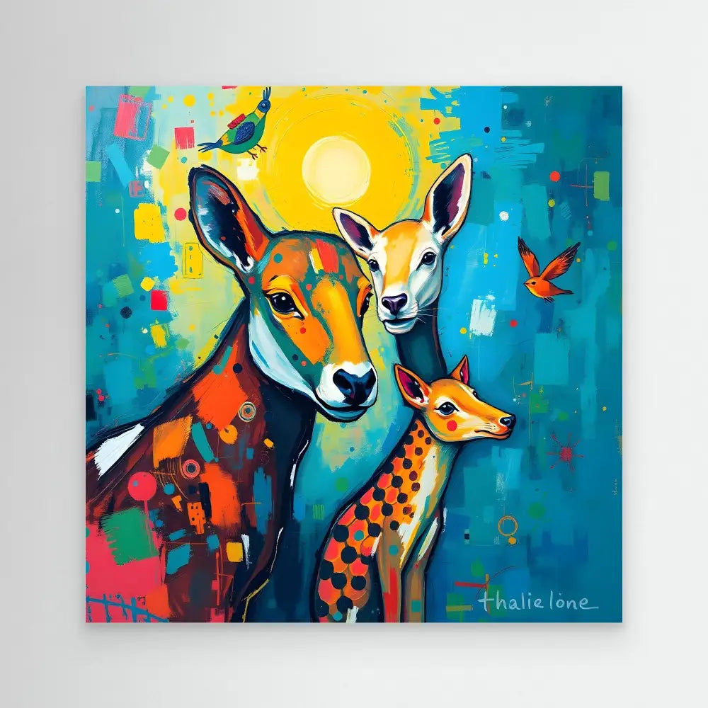 Colorful artistic painting of three deer with butterflies against a turquoise backdrop.