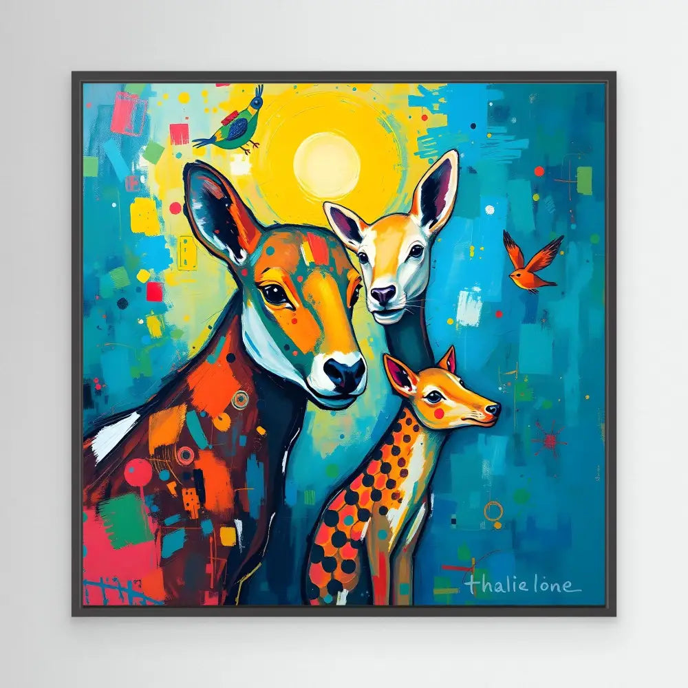 Colorful artistic painting of three deer with butterflies against a vibrant backdrop.