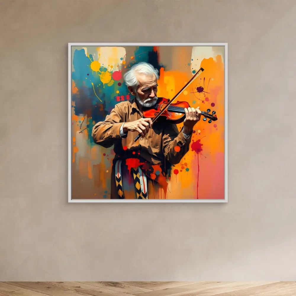 Colorful artistic painting of a violinist performing in a tan coat against vibrant splashes of orange and blue.