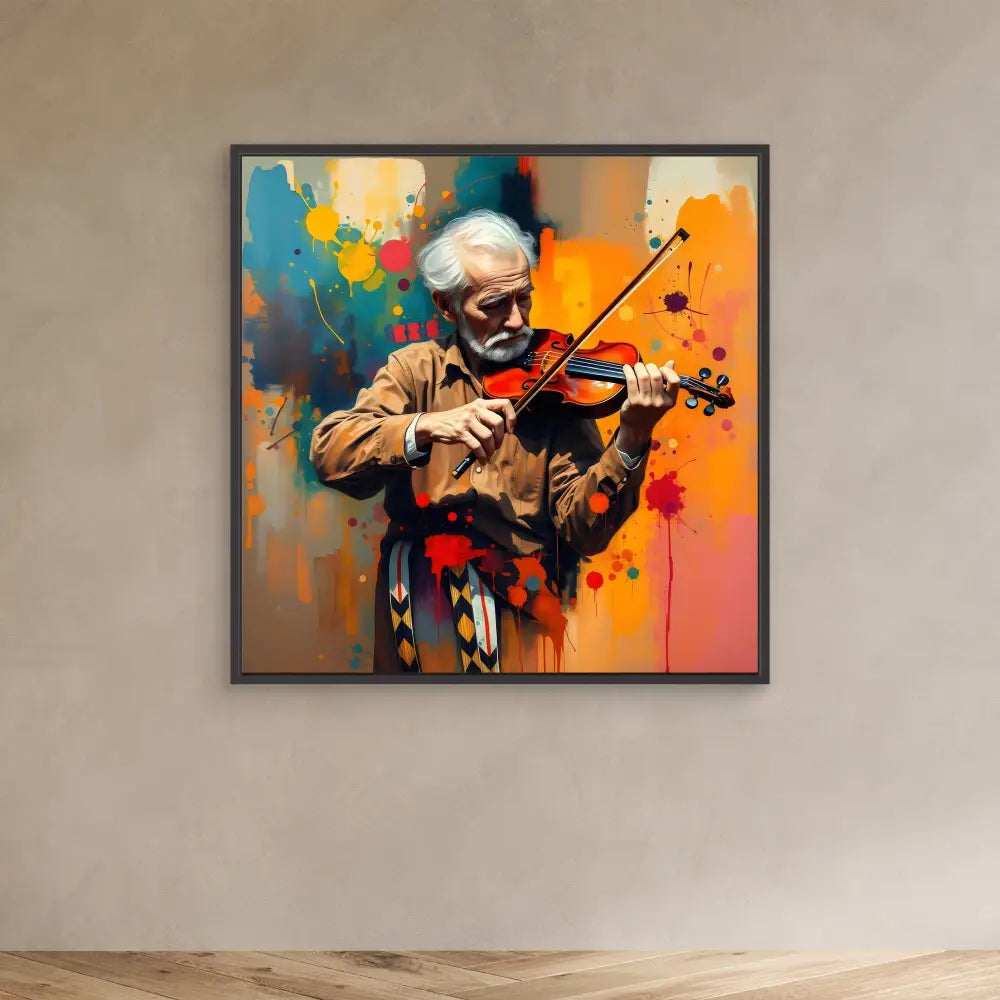 Colorful artistic painting of a violinist performing in a tan coat against vibrant splashes of orange and blue.