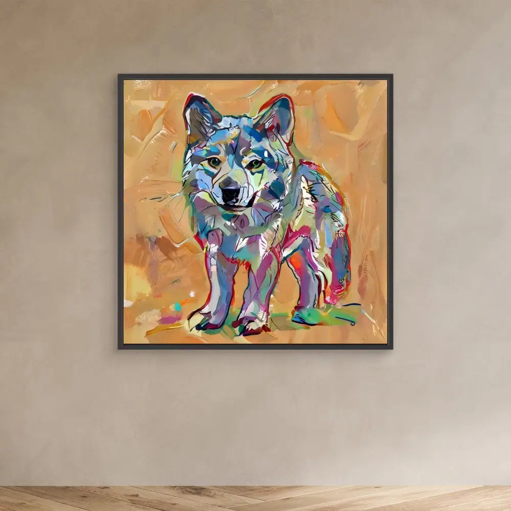 Colorful artistic painting of a wolf in vibrant blues, purples and pinks against a warm golden backdrop.