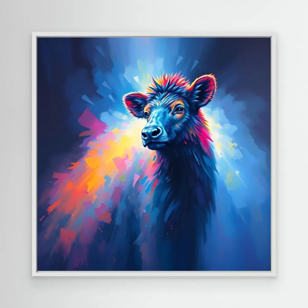 Colorful artistic portrait of a black bear with vibrant blue, pink and orange highlights.