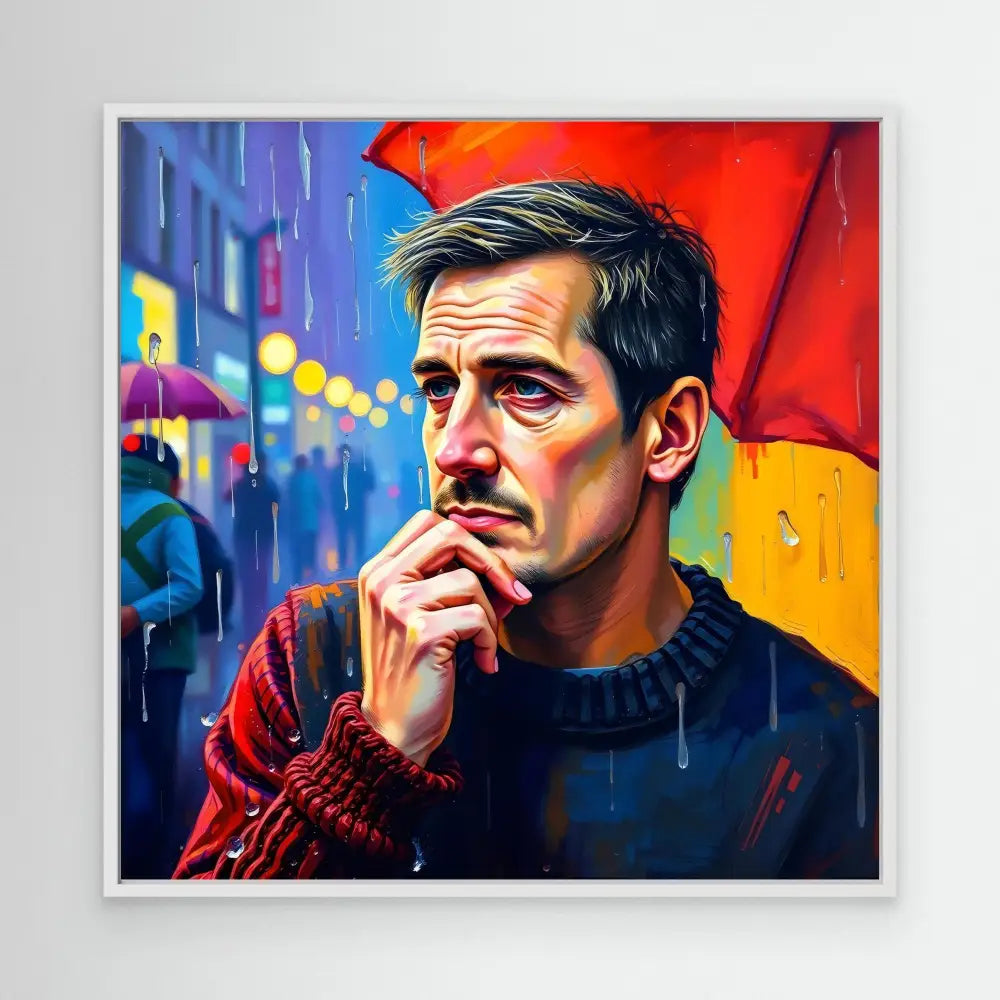 Colorful artistic portrait of a contemplative person holding a red umbrella in the rain.