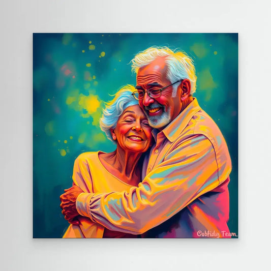 A colorful artistic portrait of an elderly couple embracing and smiling warmly.