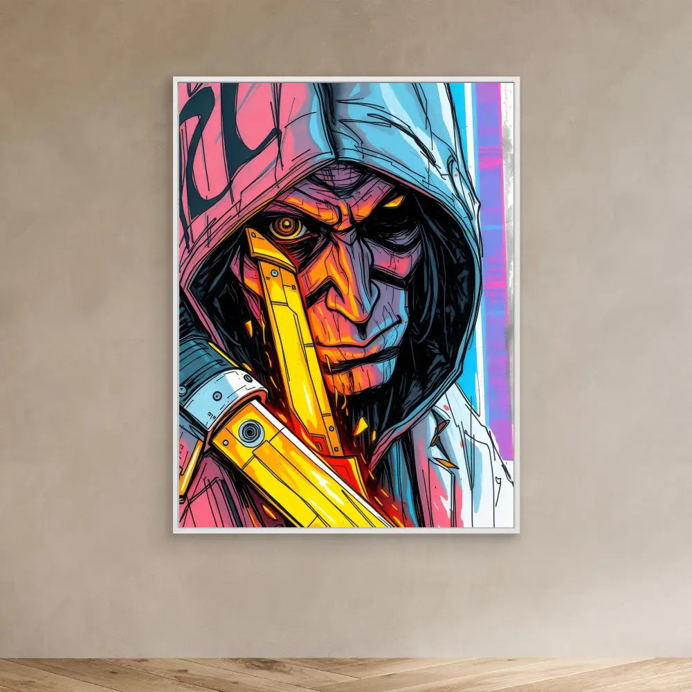 Colorful artistic portrait of a hooded figure with glowing orange eyes and metallic gold accents.