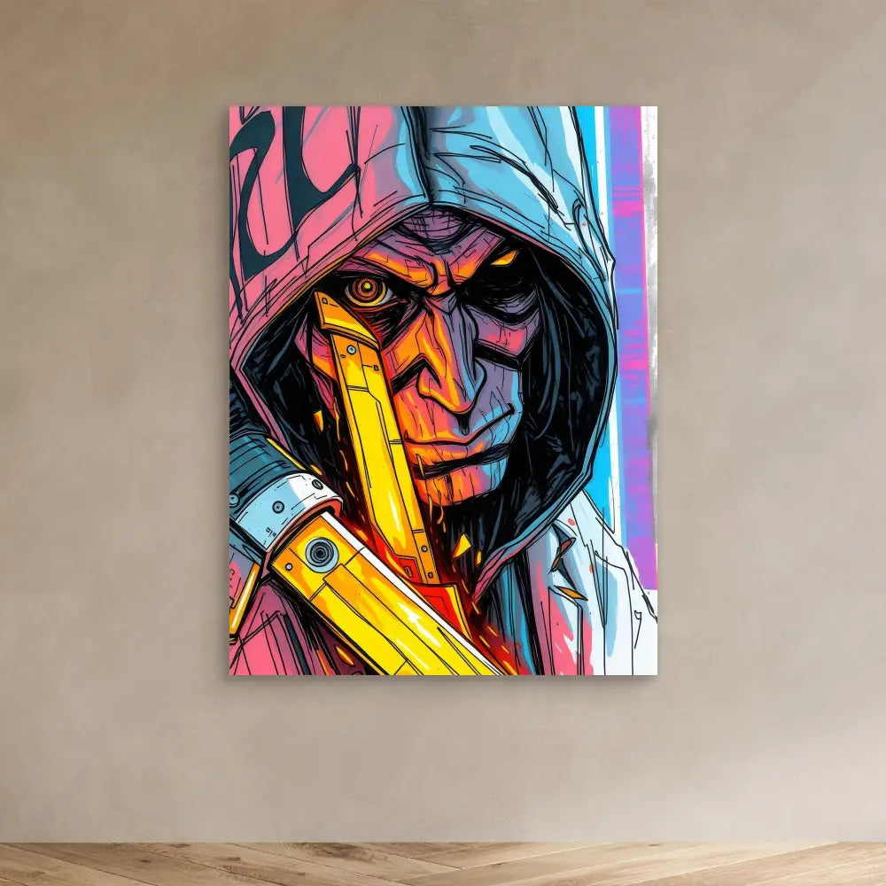 Colorful artistic portrait of a hooded figure with glowing orange eyes and metallic gold facial features.