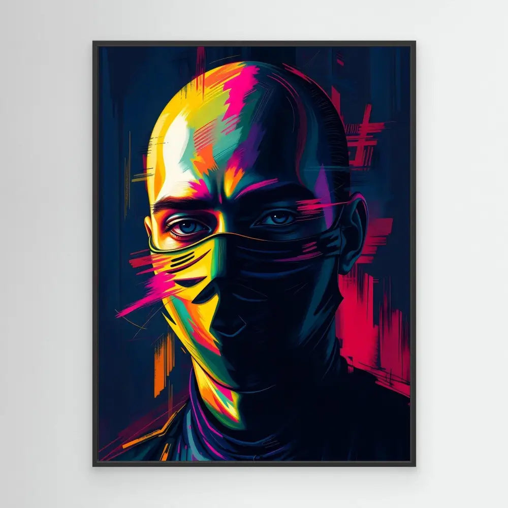 Colorful artistic portrait of a masked figure with vibrant neon-style colors.