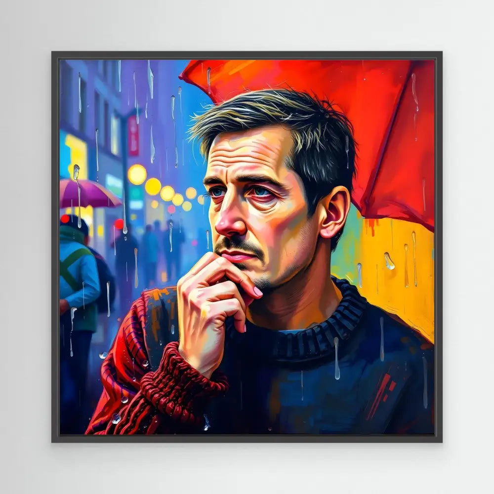 A colorful artistic portrait painting of a contemplative person in a red sweater against vibrant blue and yellow tones.