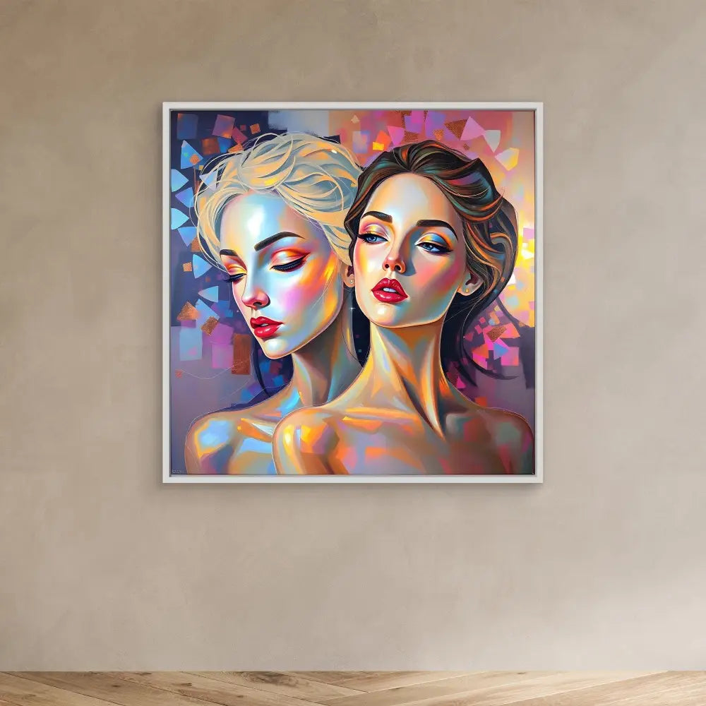 Colorful artistic portrait painting of two figures with vibrant makeup against geometric shapes.