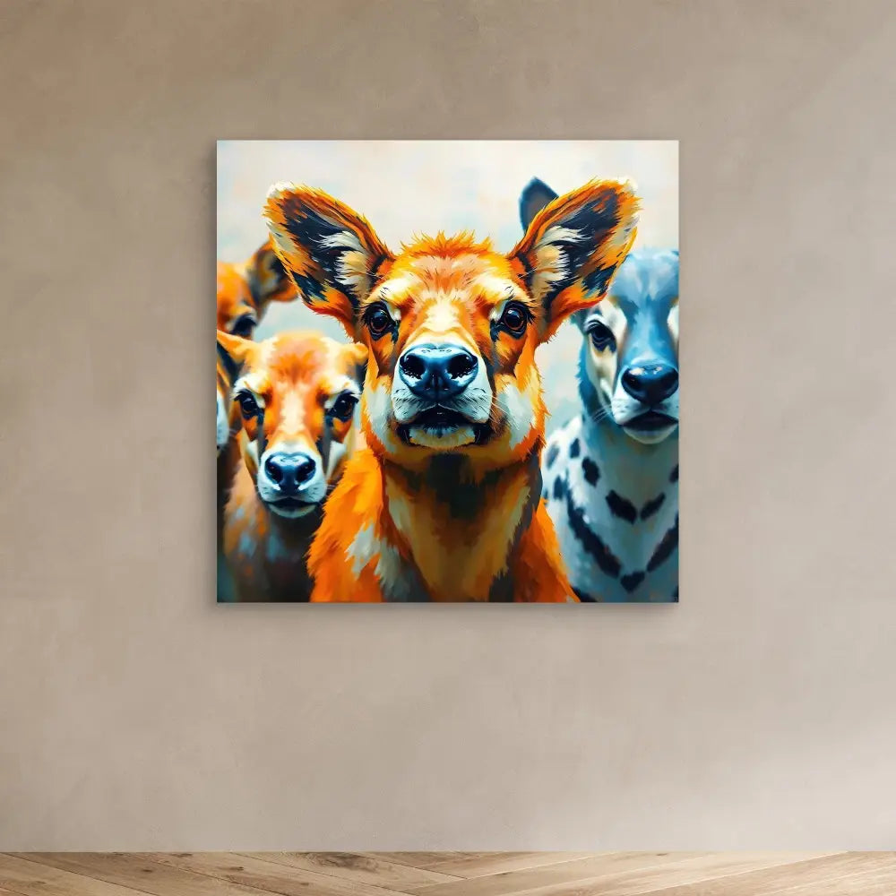 Colorful artistic portrait of three deer faces in close-up.