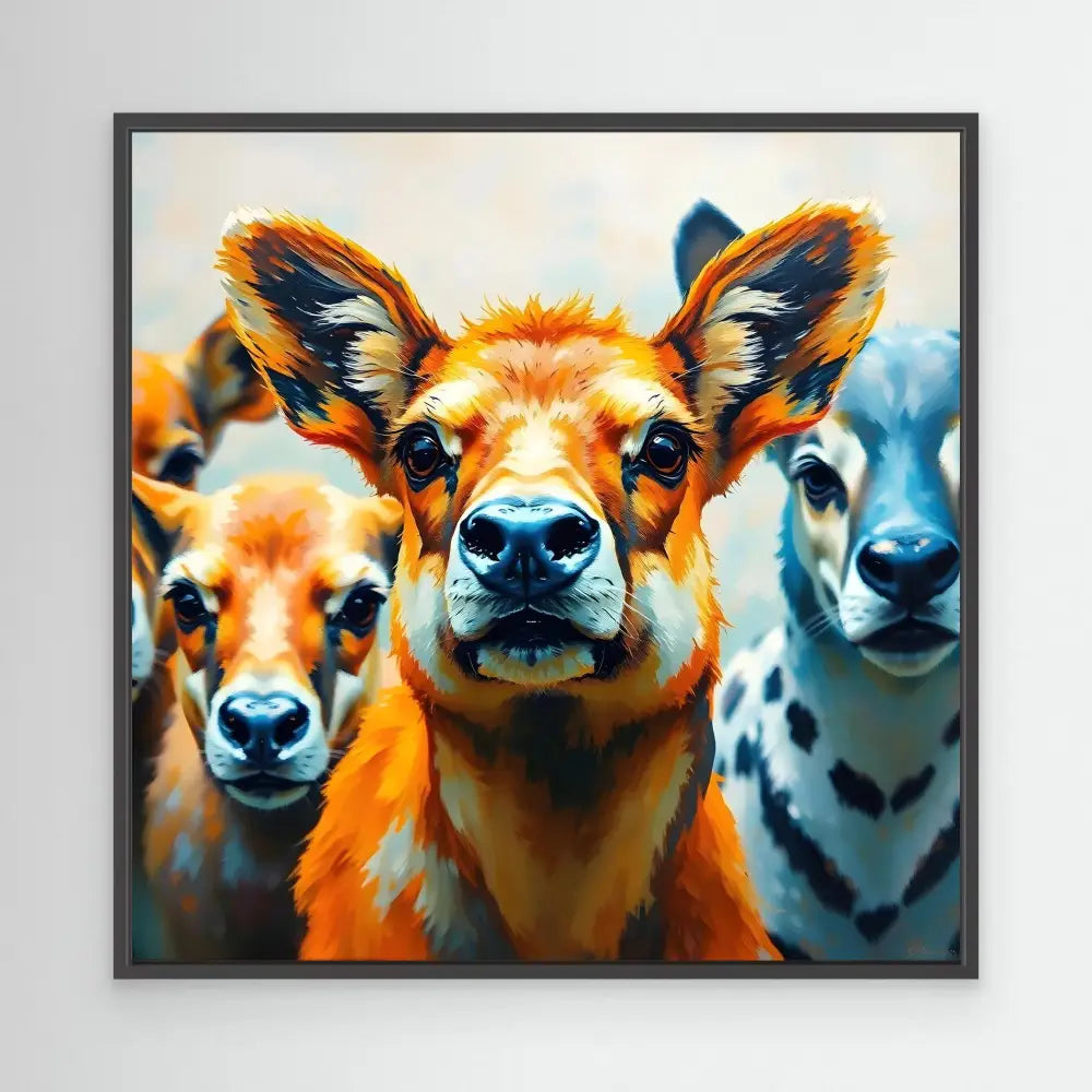 Colorful artistic portrait of three deer faces with vibrant orange and blue tones.