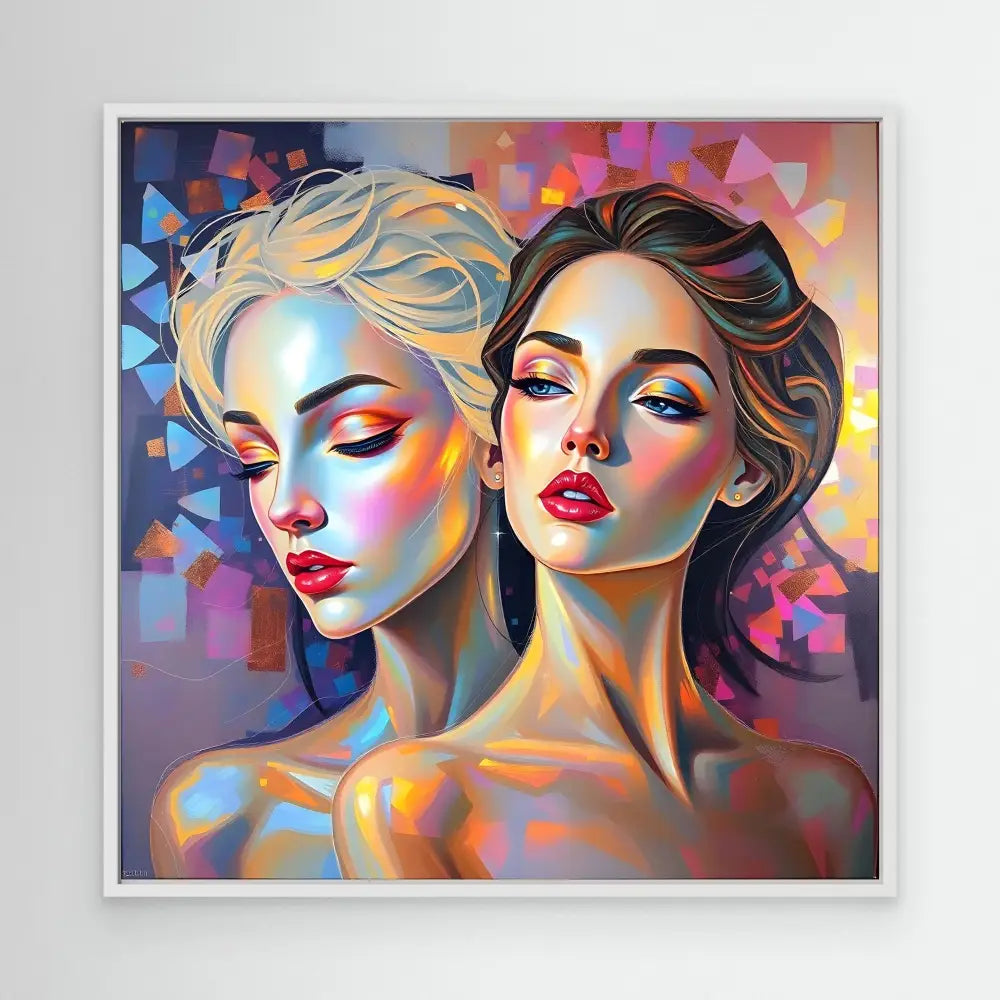 Colorful artistic portrait of two figures with vibrant makeup and geometric patterns.