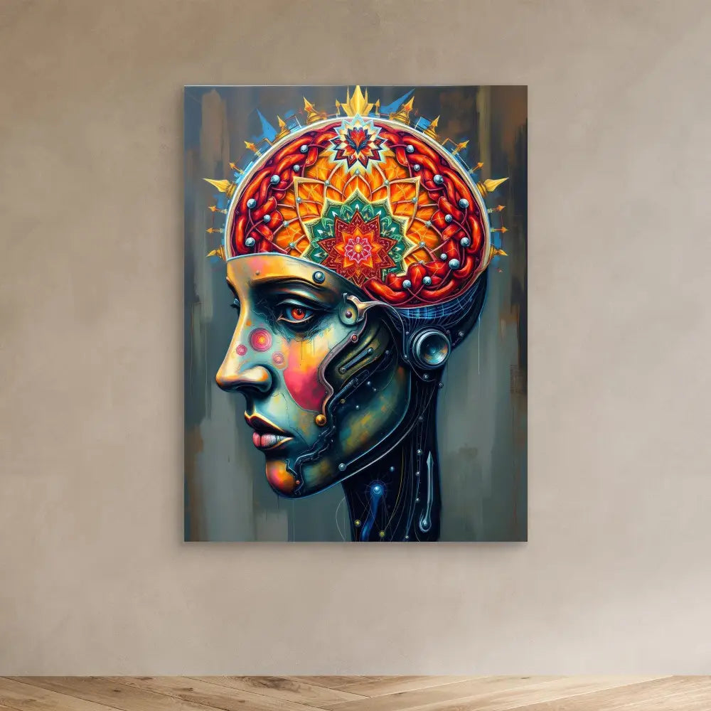 Colorful artistic profile of a cyborg head with a glowing mandala-like brain design.