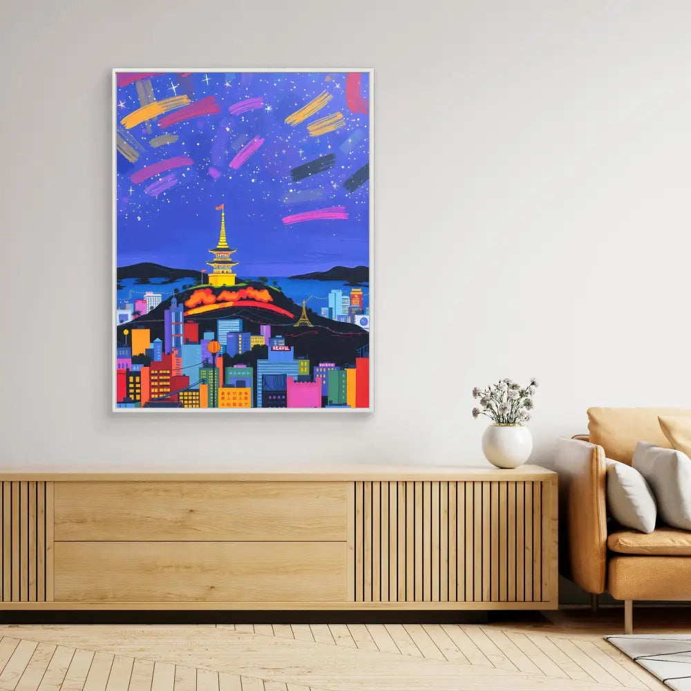 Colorful artwork depicting a city skyline at night with shooting stars in a vibrant purple sky.