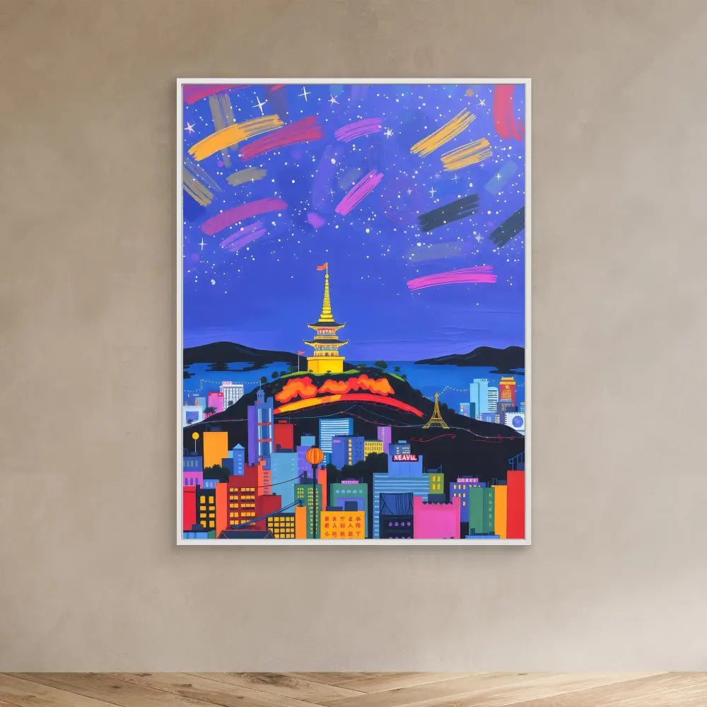 Colorful artwork depicting a cityscape at night with a pagoda tower against a starry purple sky.