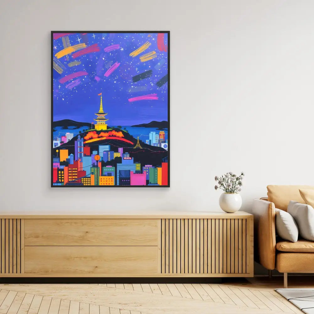 Colorful artwork depicting a cityscape at night with shooting stars in a vibrant purple sky.