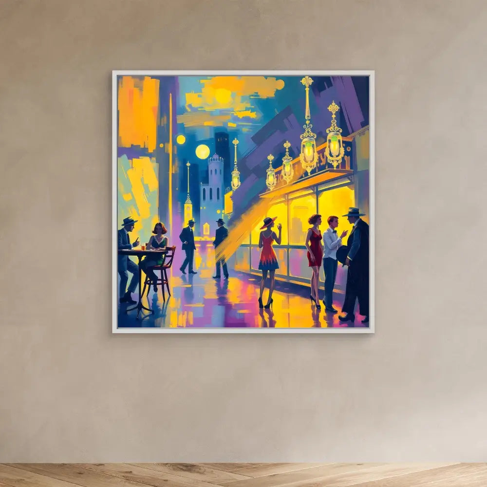 Colorful artwork depicting silhouetted people socializing on a vibrant city street at night.