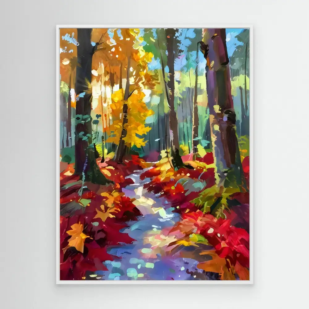 Colorful autumn forest path with fallen leaves and streaming sunlight.