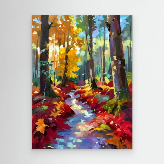 Colorful autumn forest path with fallen leaves and dappled sunlight.