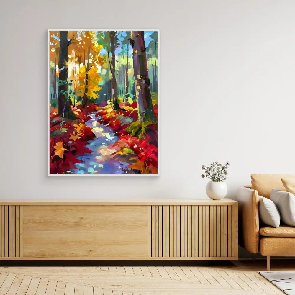 Colorful autumn forest path painting with vibrant fallen leaves and tall trees.